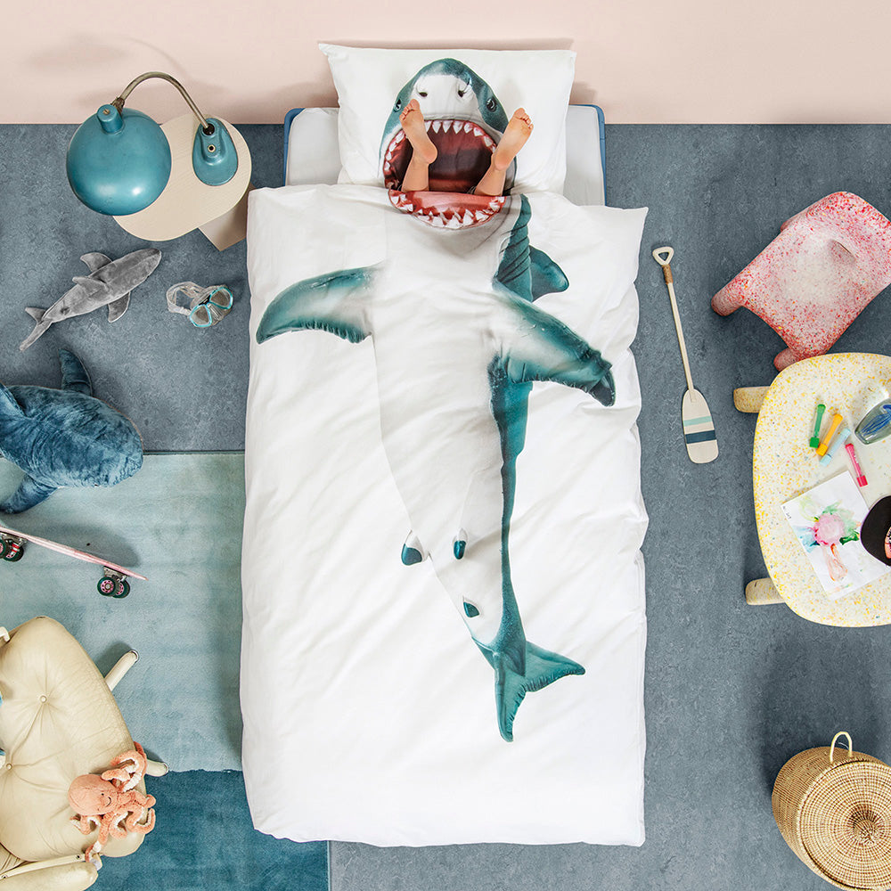 Snurk Twin Size 2-Piece Shark Duvet Cover Set - White/Blue