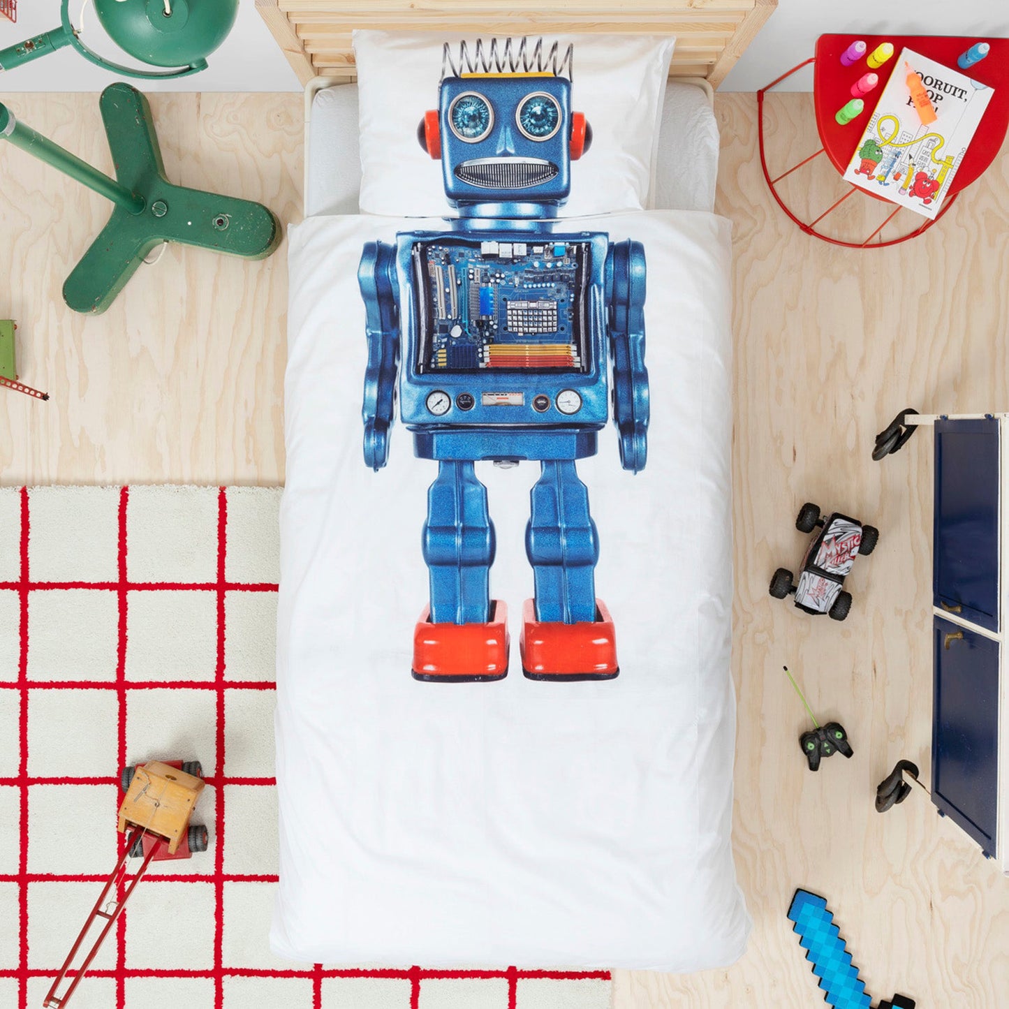 Juego de funda nórdica de dos piezas con diseño de robot Snurk, tamaño doble, blanco y azul