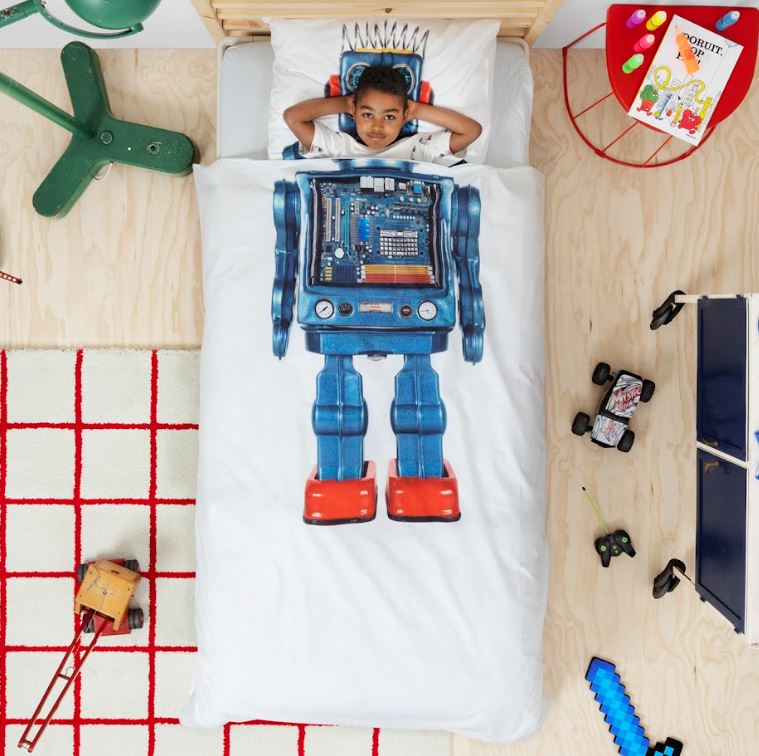 Juego de funda nórdica de 3 piezas tamaño queen con diseño de robot Snurk, blanco y azul