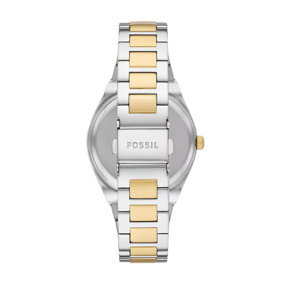 Reloj Fossil Scarlette para mujer, de 38 mm, con pulsera de dos tonos y fecha y tres manecillas, esfera plateada