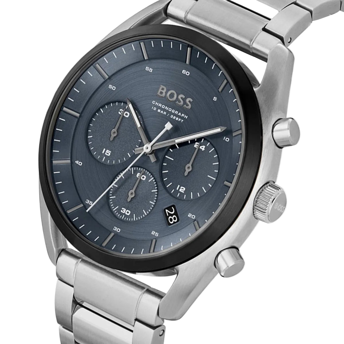 Boss Top Men 44mm Chronograph Silver Bracelet Watch - Blue Dial