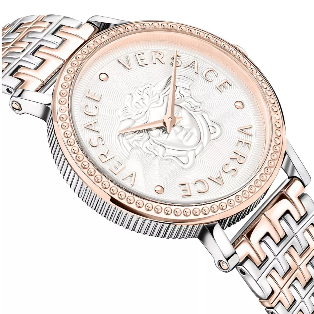 Versace V-Dollar Women's 37mm Swiss Two-Tone Bracelet Watch - Silver Dial
