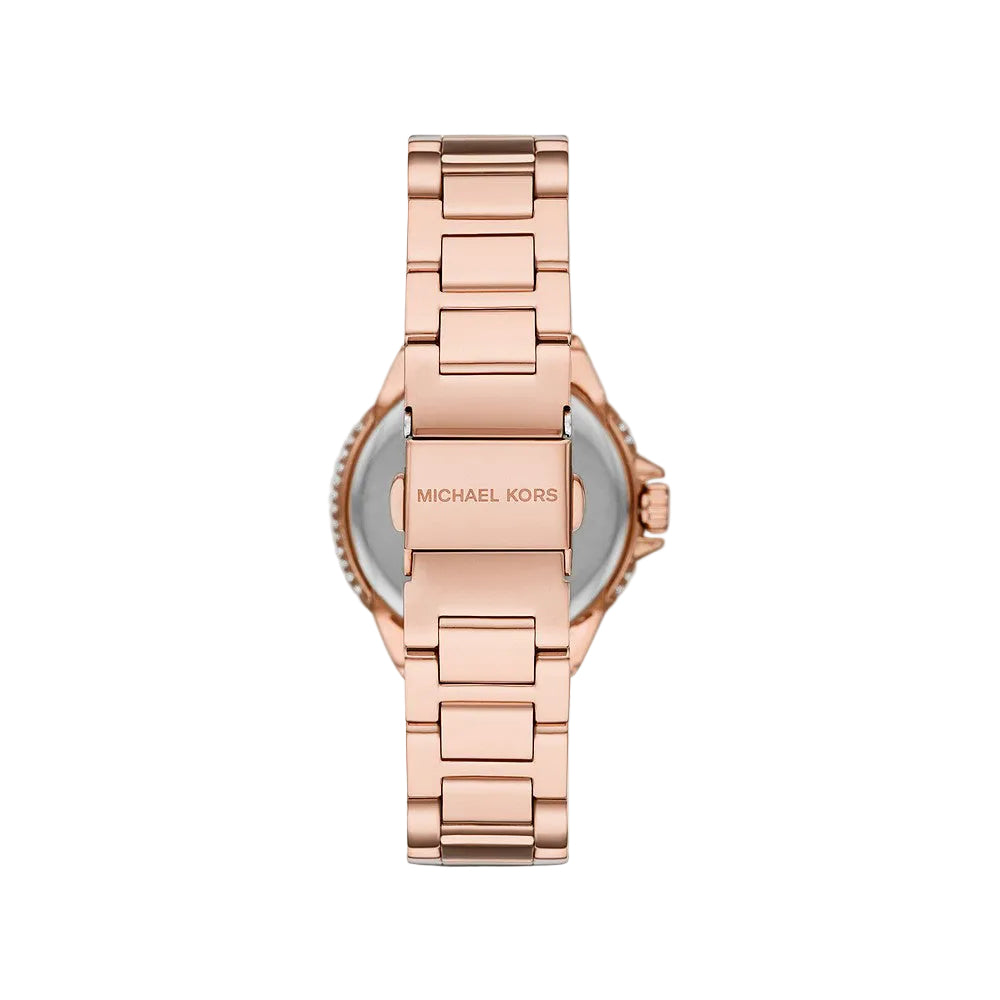 Reloj de cuarzo Michael Kors Camille para mujer, de acero inoxidable y oro rosa, de 33 mm, color blanco
