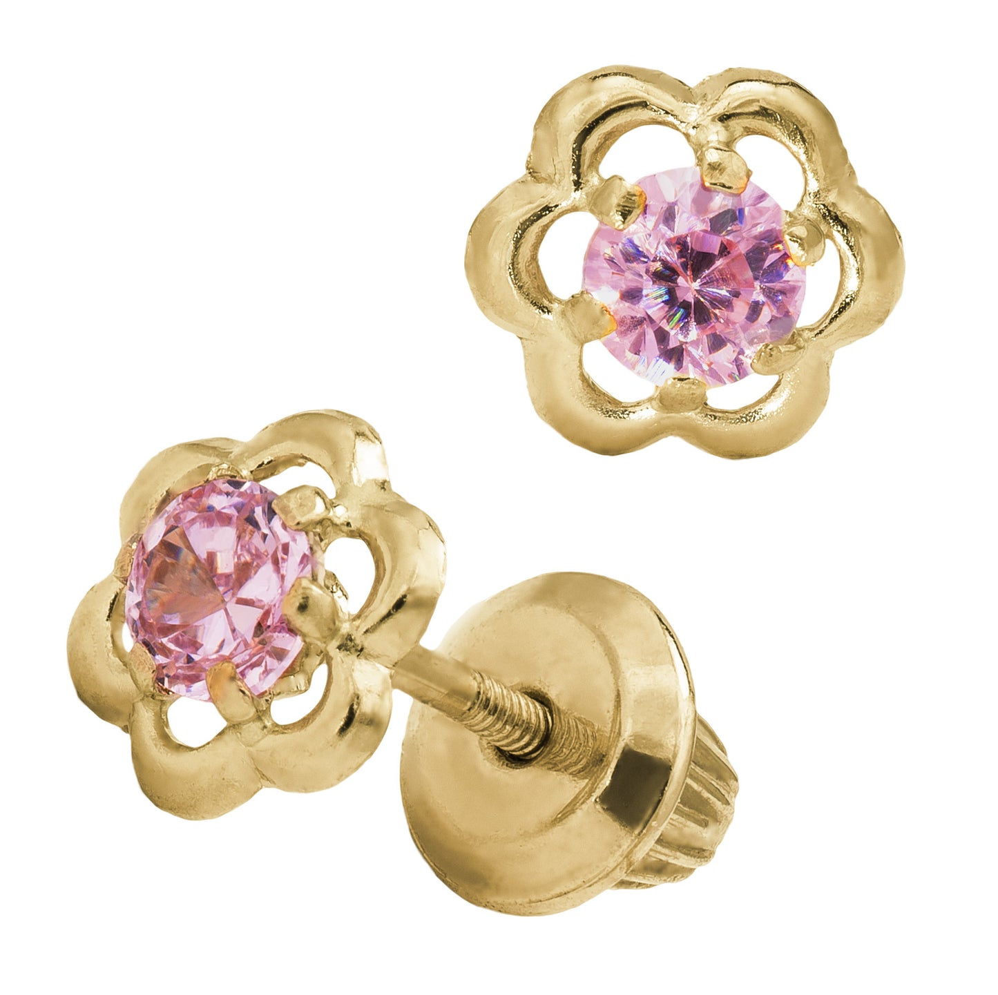 Pendientes Marathon con flor abierta en oro amarillo de 14 quilates y circonita cúbica rosa para mujer