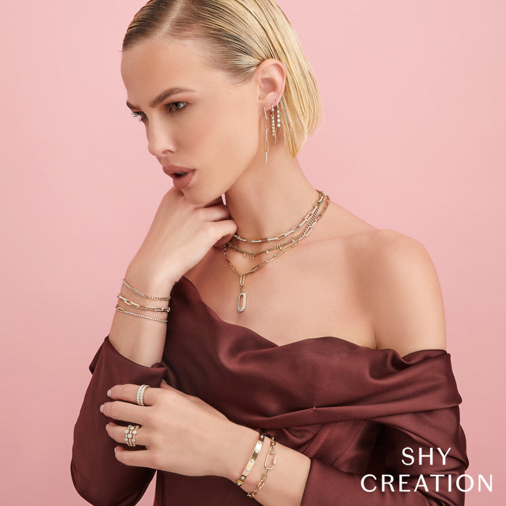 Brazalete con cierre de seguridad en bisel y diamantes de 0,32 ct para mujer de Shy Creation Kate en oro amarillo de 14 quilates - Talla S