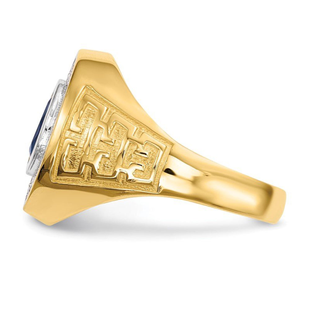 Quality Gold Men's Rhodium CZ and Oval Blue CZ Ring in 14K Yellow Gold - Size 10