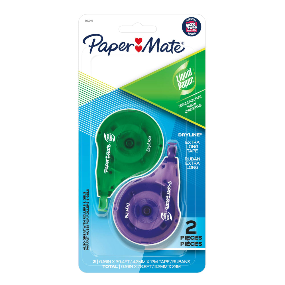 Cintas correctoras extralargas Liquid Paper Dryline de Paper Mate (juego de 2), color verde y morado