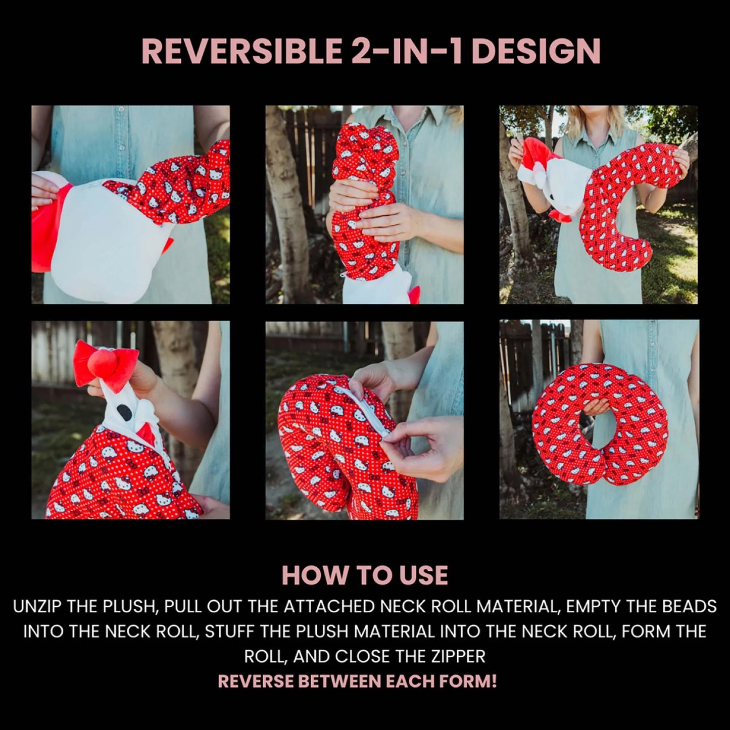 Almohada y peluche reversibles con forma de rollo para el cuello de Hello Kitty de Sanrio