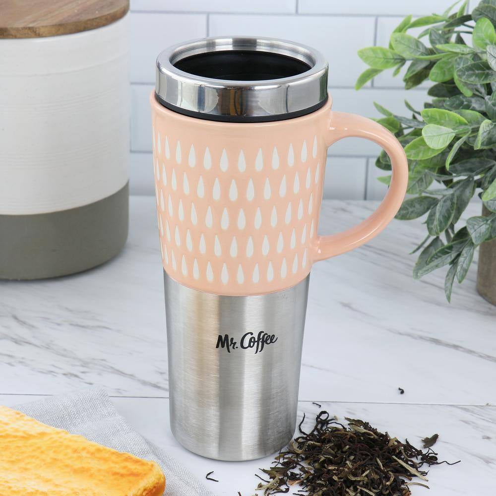 Mr. Coffee 138967 Travertine 16 oz Travel Mug with Lid - Light Pink