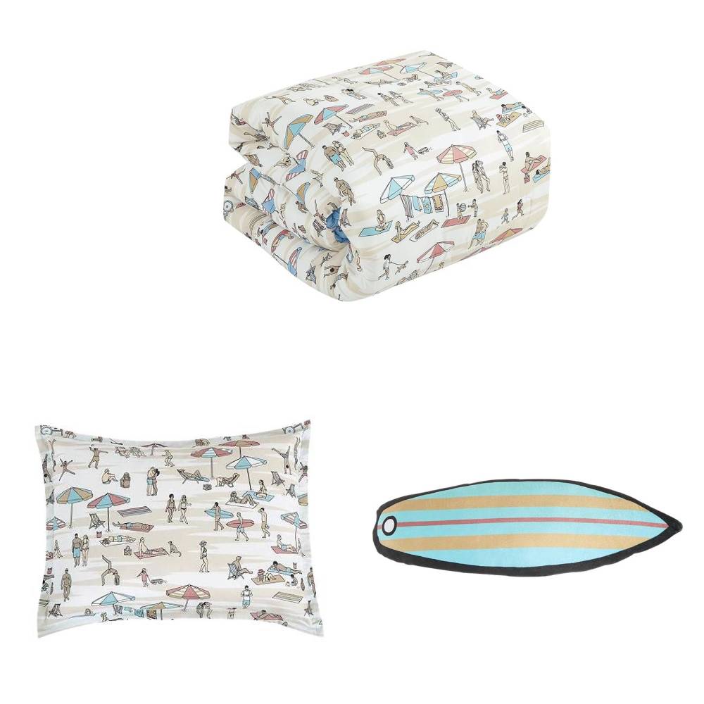 ESCA Coastal Beach Surfing Kid's Twin Size Comforter Set (3-Piece) - Beige