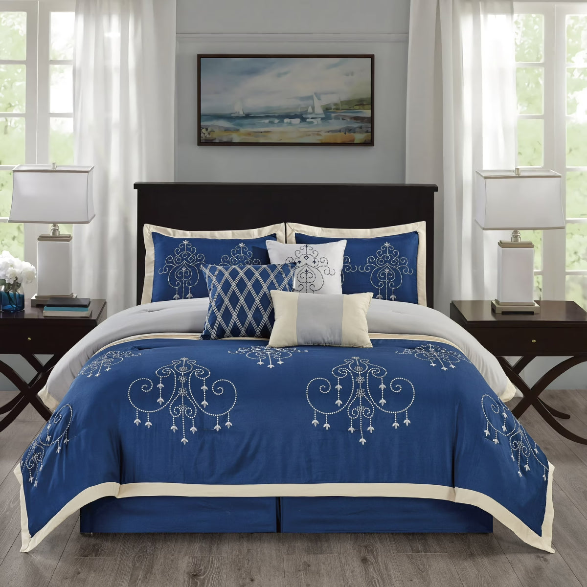 Kashi Home Queen Size Embroidered Comforter Set (7-Piece) - Blue