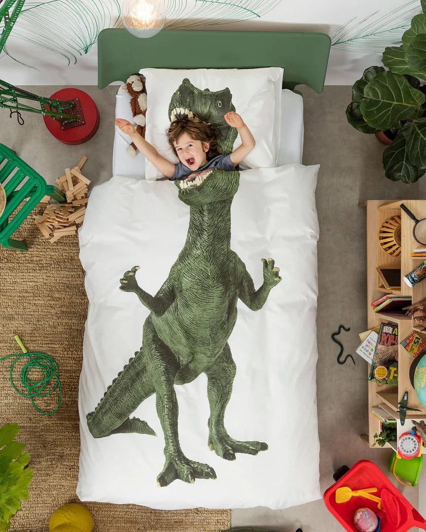 Snurk Queen Size 3-Piece Dinosaur Duvet Cover Set - White/Green