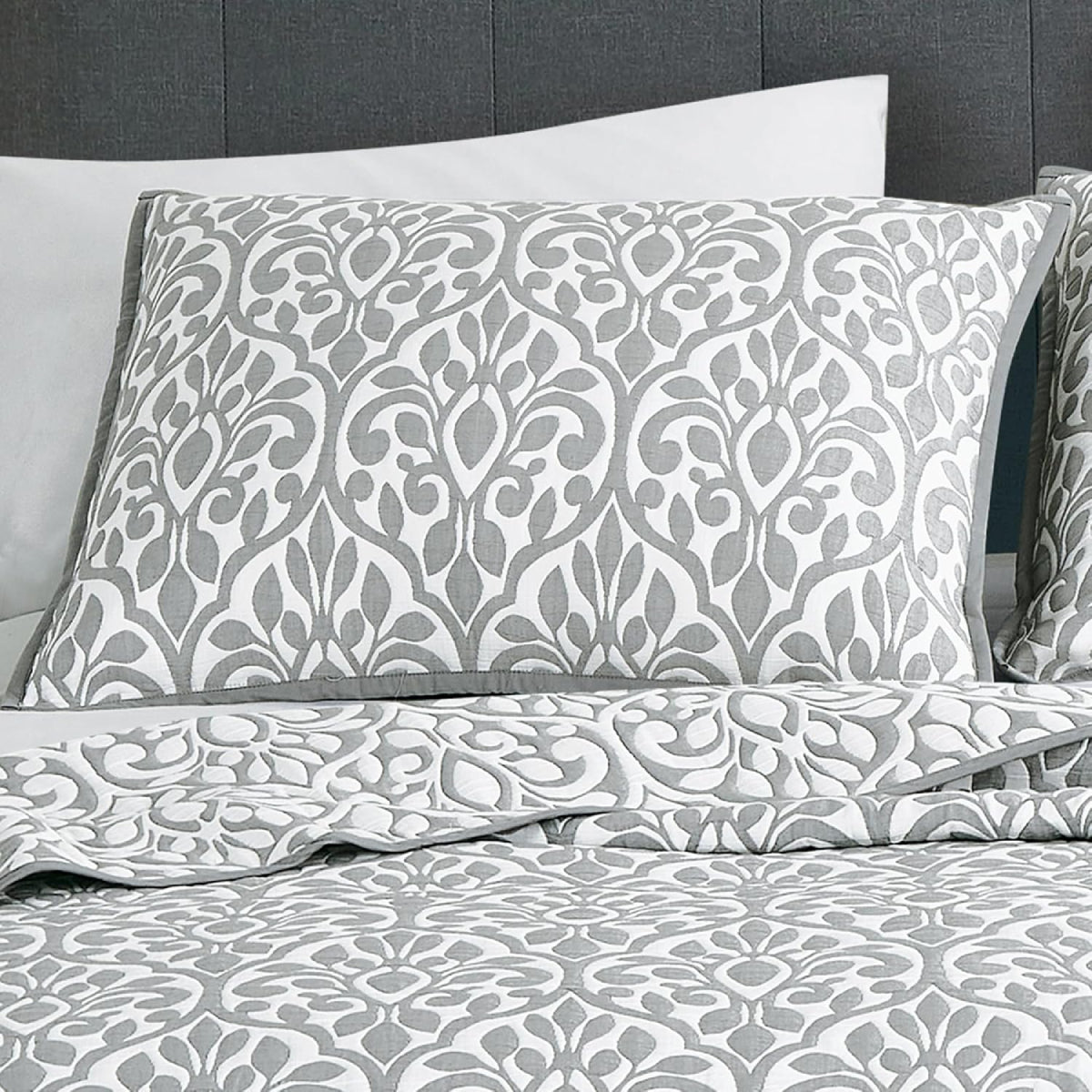 JABA Matelasse Coverlet Set (3-Piece) - Gray/White