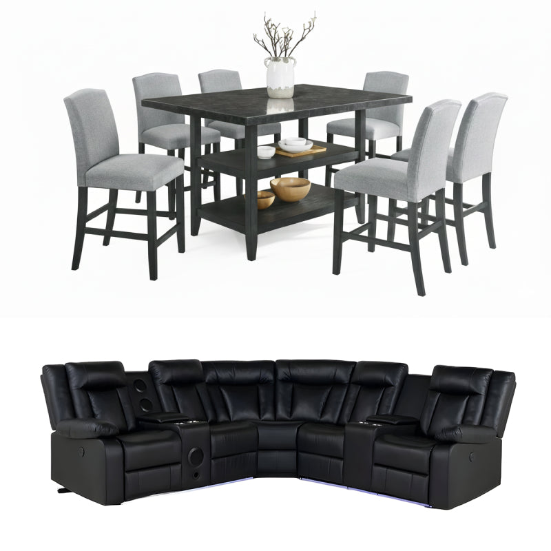 Bundle: Lola Counter Dining Table Set Blue/Gray + Kelley Sectional Sofa with LED by Best Home - Black