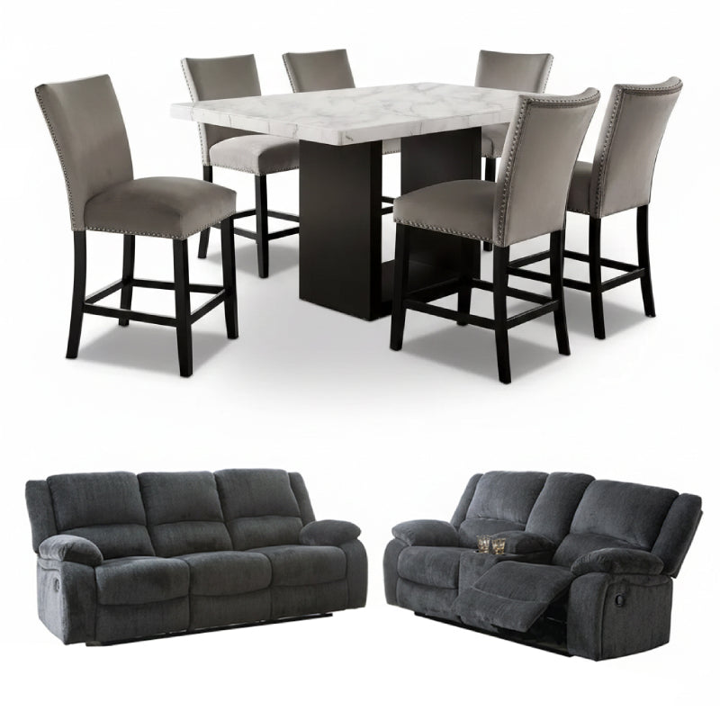 Bundle: Pub Set Falcon Dining Table Set - Gray + Lawrence Motion Sofa and Love Seat by Best Home - Blue