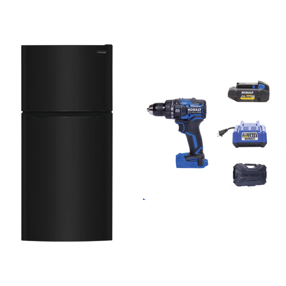 Bundle: Frigidaire 18 cu. ft. Garage Ready Top Freezer Refrigerator - Black + Kobalt XTR 24V Cordless Drill - Black/Blue