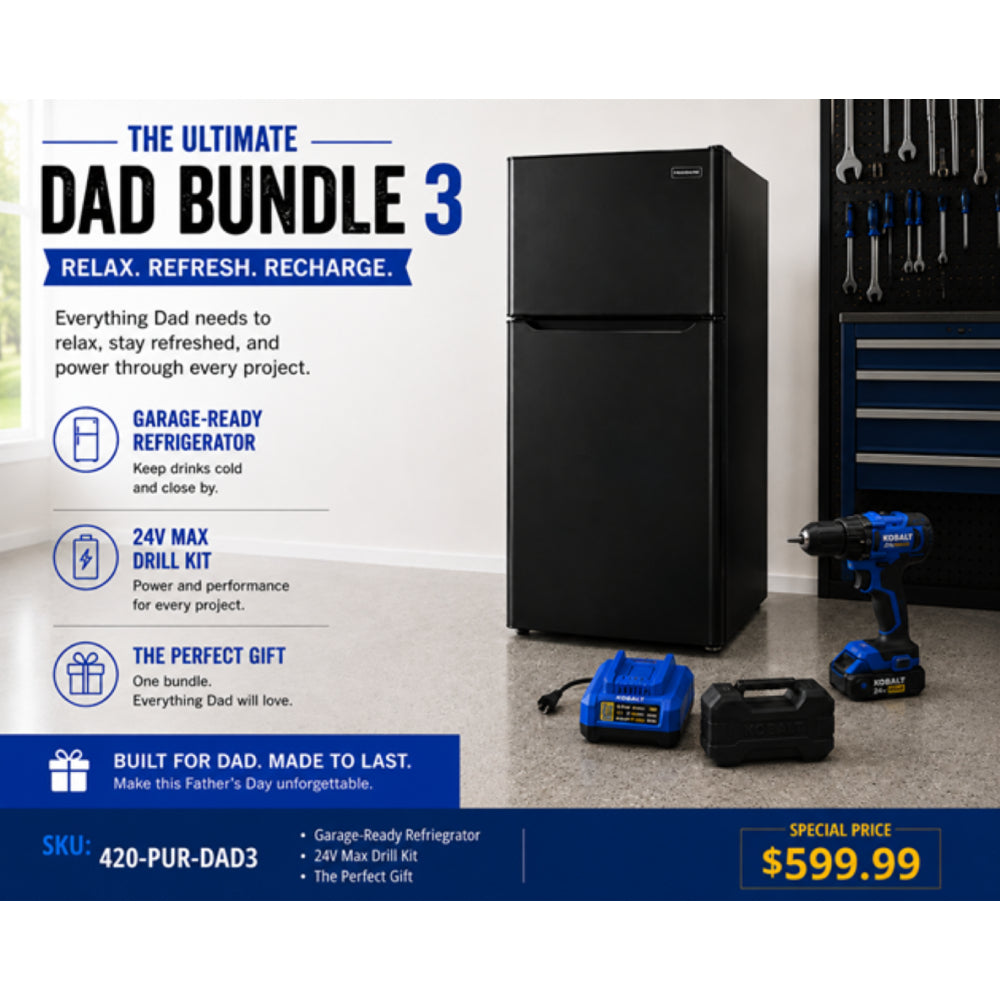 Bundle: Frigidaire 18 cu. ft. Garage Ready Top Freezer Refrigerator - Black + Kobalt XTR 24V Cordless Drill - Black/Blue