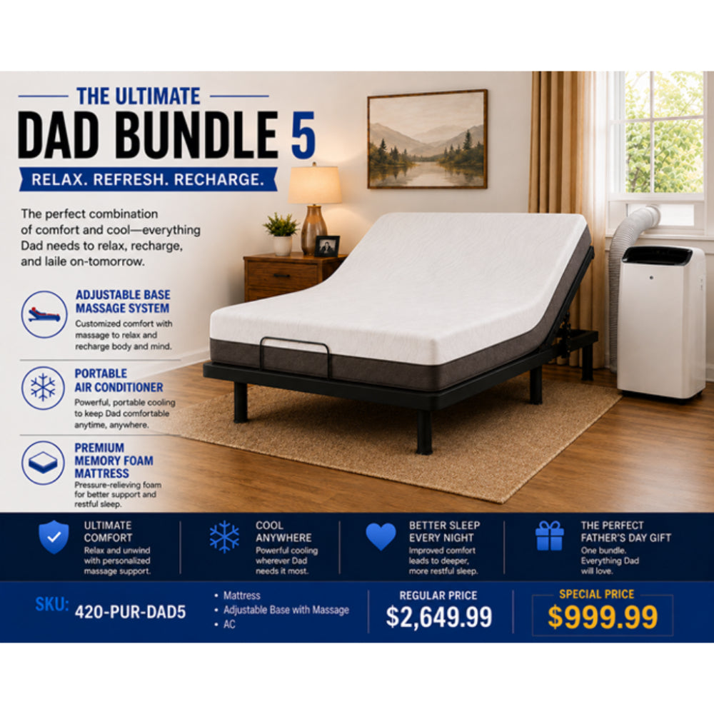 Bundle: Aquarius 400 Massage Plus Queen Size Adjustable Base by Logic Data- Black + SilverRest Luna Waterfall Mattress - White/Gray + Toscana 10,000 BTU Portable Heater & Air Conditioner - White