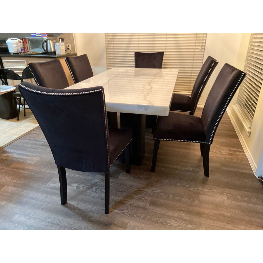7-Piece Dining Set with Genuine Marble Table and Velvet Chairs by Best Home - Black
