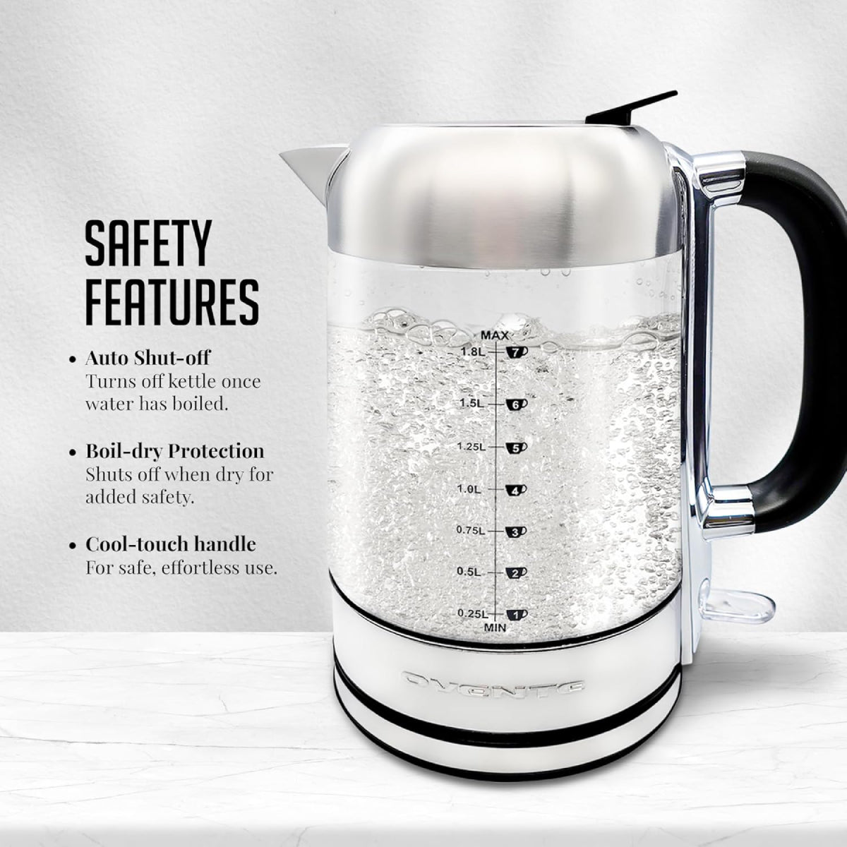 Ovente KG71S 1500W Electric Kettle with Boil Dry Protection - Silver