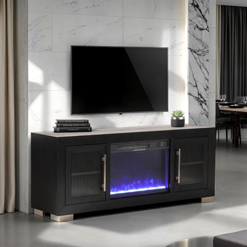 Ashbourne 60" TV Stand with Electric Fire Place,Heater by Furniture of America - Black