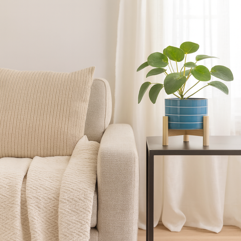 Sagebrook Home
6" Striped Planter with Wood Stand - Sky Blue