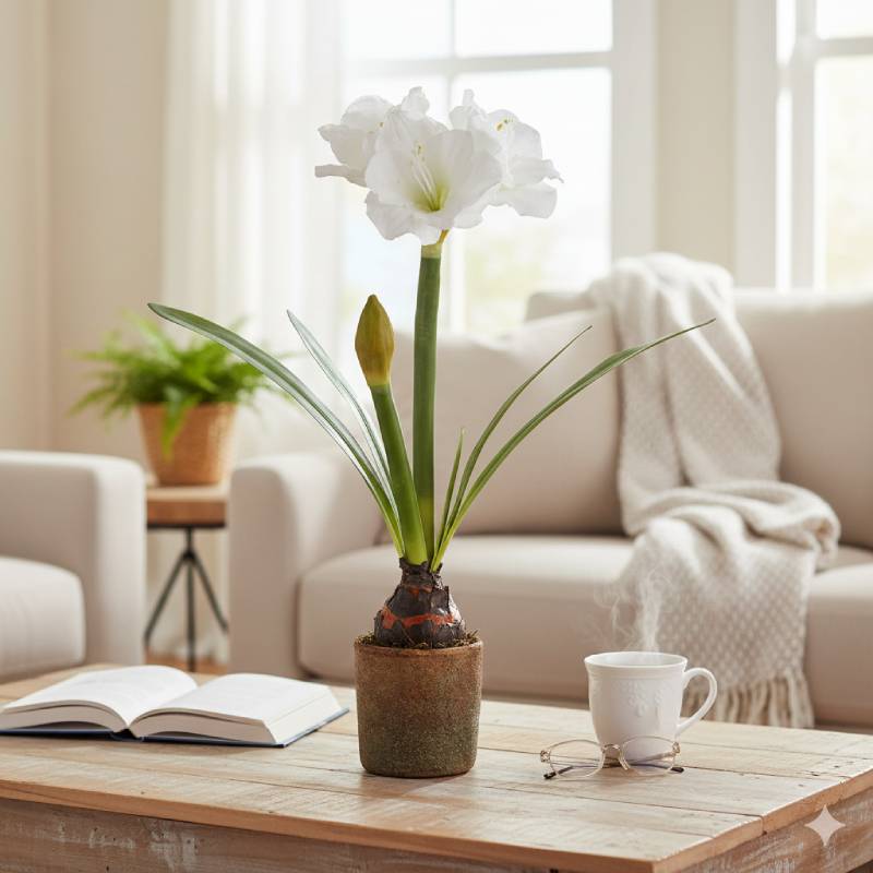 Allstate Floral 27.5" Silk Amaryllis with Bulb Flower Arrangement in Cement Pot - White