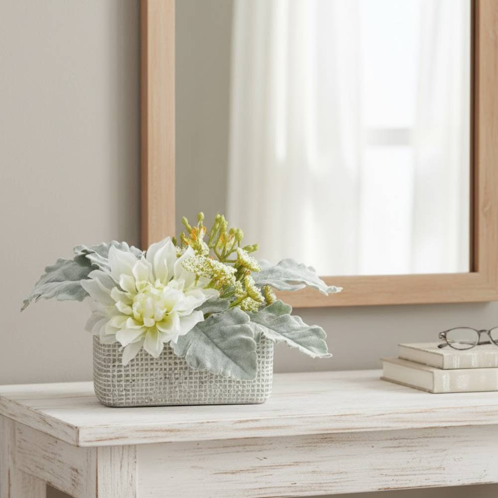 Allstate Floral 6.2" Mixed Dahlia Flower Arrangement with Cement Pot - White