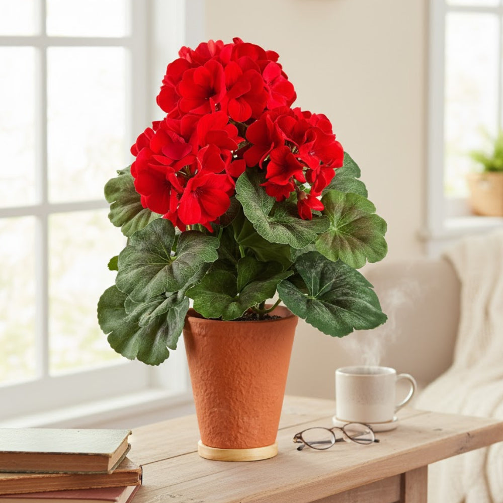 Allstate Floral 13.5" Artificial Geranium Flower Arrangement with Ceramic Pot - Red