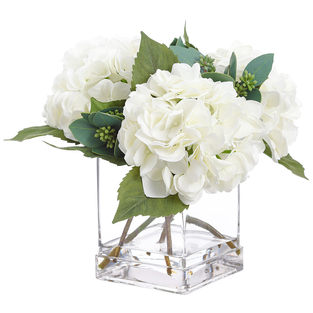 Allstate Floral 10" Hydrangea Flower Arrangement with Glass Vase - White