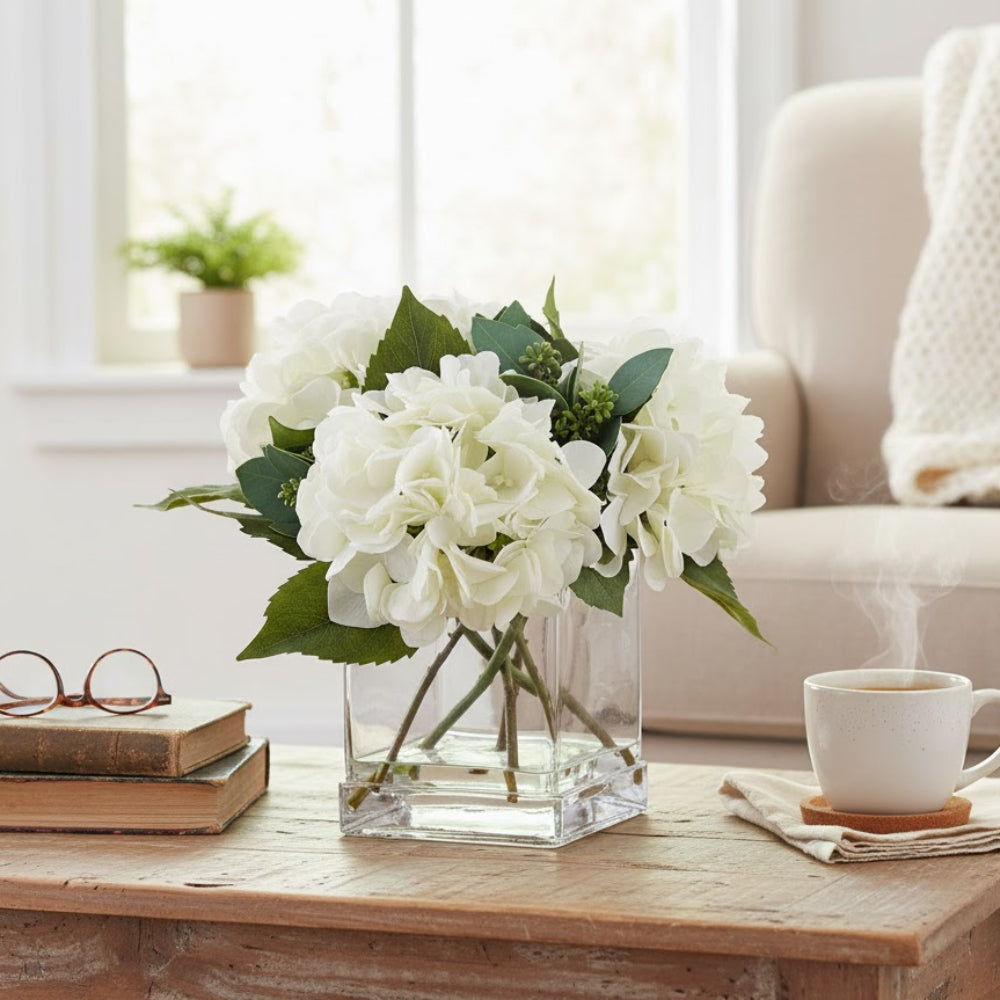 Allstate Floral 10" Hydrangea Flower Arrangement with Glass Vase - White