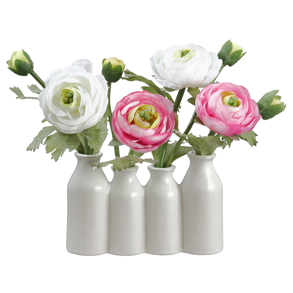 Allstate Floral 9" Ranunculus Flower Arrangement with Ceramic Bottle Vase - White/Pink