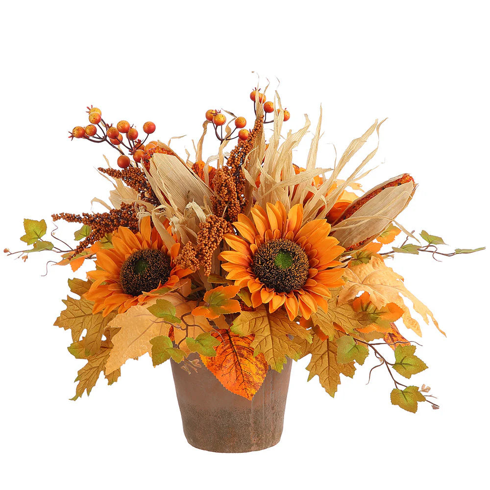 Allstate Floral 15.5" Sunflower and Berry Flower Arrangement with Cement Pot - Orange