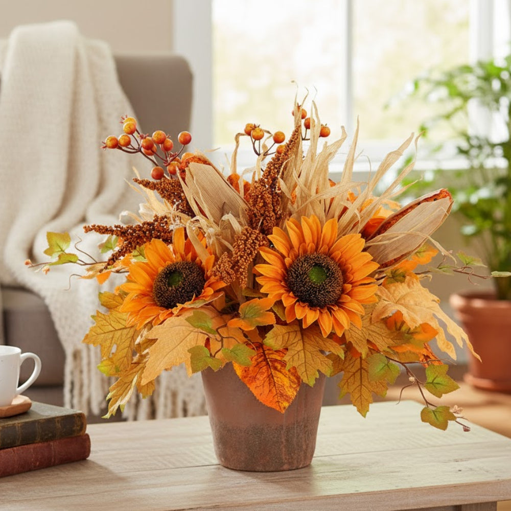 Allstate Floral 15.5" Sunflower and Berry Flower Arrangement with Cement Pot - Orange