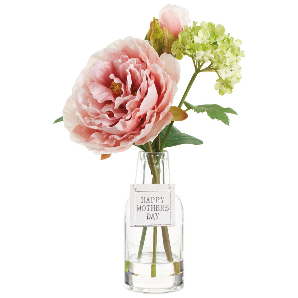 Allstate Floral 11.5" Peony and Snowball Flower Arrangement with Glass Vase - Pink/Green