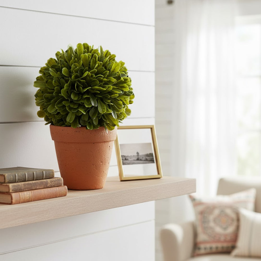 Allstate Floral 8" Boxwood Ball-Shaped Artificial Topiary Plant with Cement Vase - Green