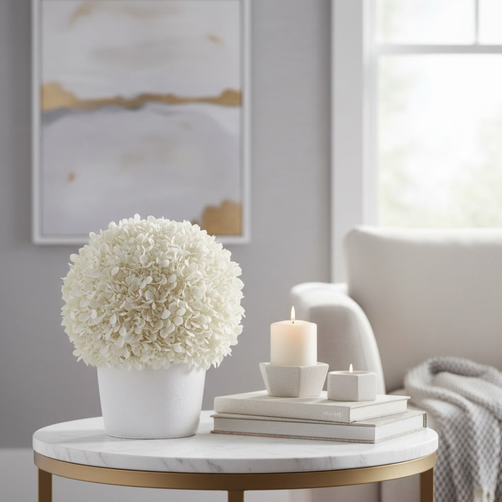 Allstate Floral 13" Boxwood Ball-Shaped Artificial Topiary Tree with Clay Vase - White