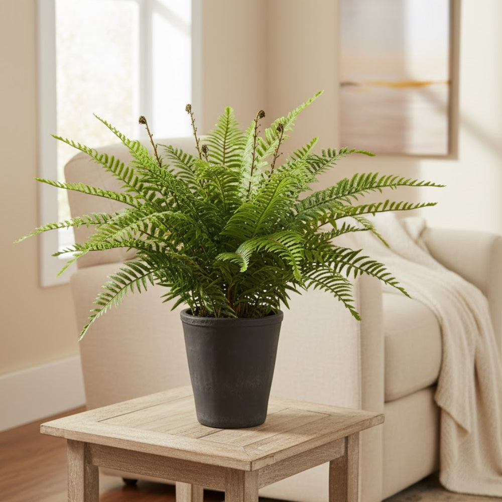 Allstate Floral 18.5" Soft-Touch Boston Fern Leaf Artificial Plant with Cement Vase - Green