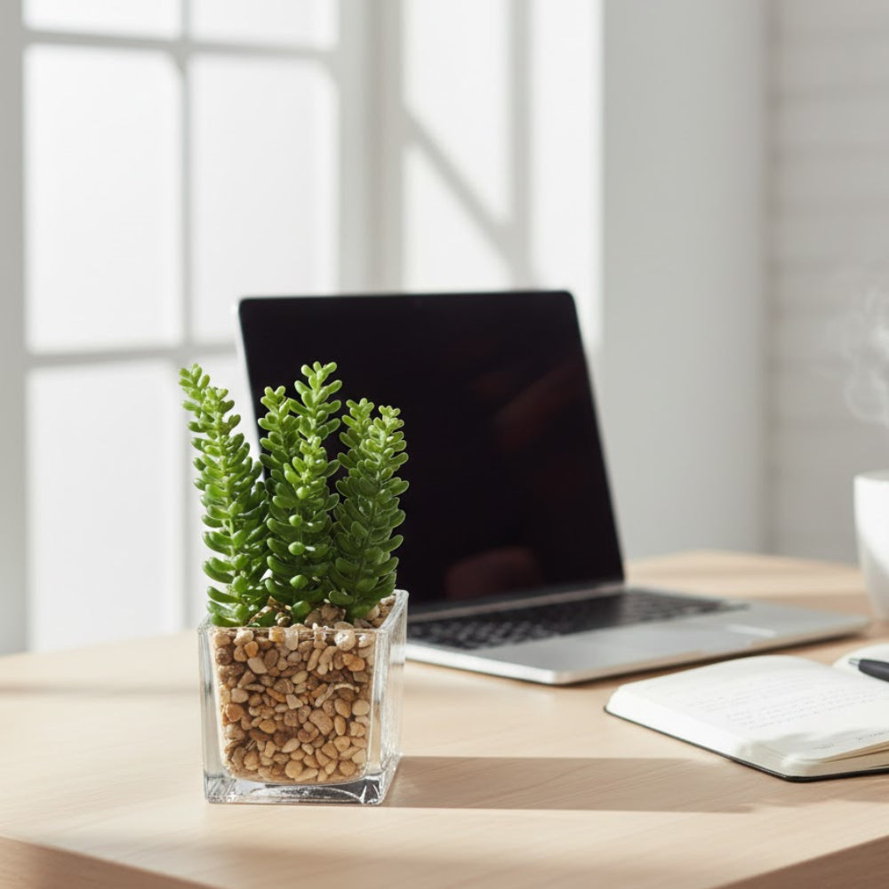 Allstate Floral 7" Sedum Artificial Plant with Glass Vase - Green