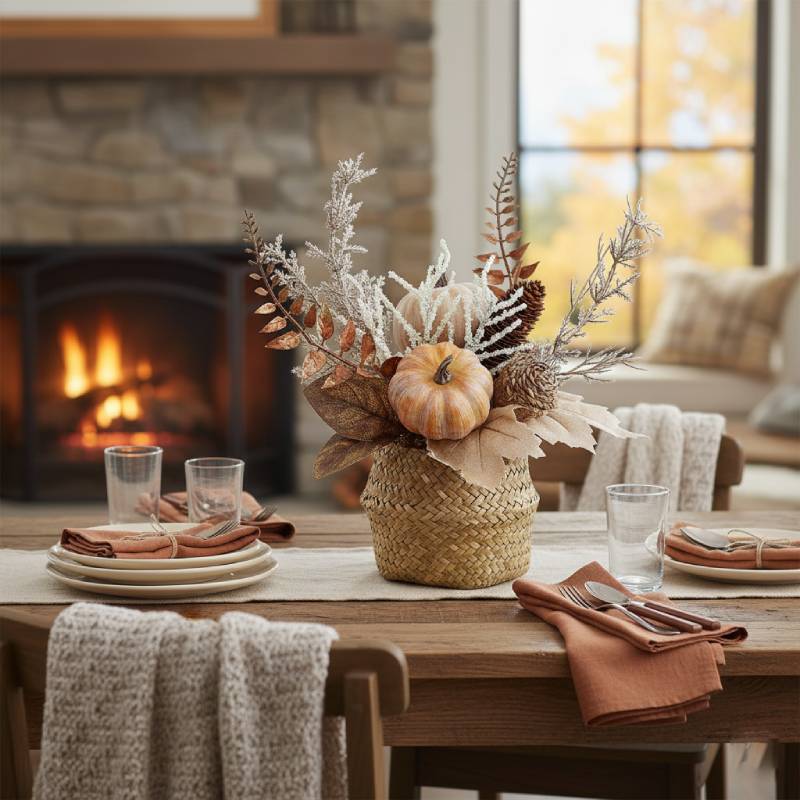 Allstate Floral 14" Pumpkin, Pinecone and Maple Leaf Arrangement with Basket