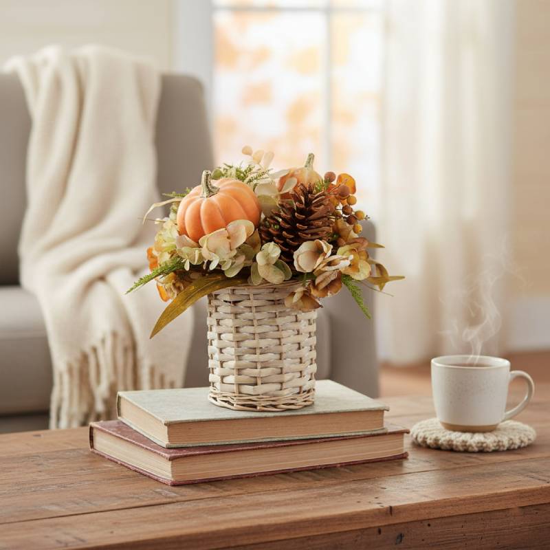 Allstate Floral 10.5" Hydrangea, Pumpkin and Pinecone Artificial Flower Arrangement with Basket