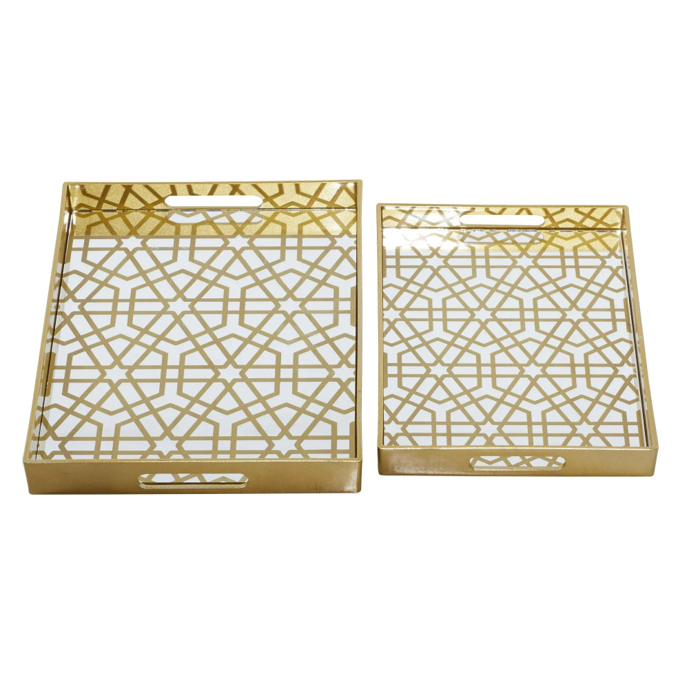 Decor Mache Mirrored Geometric (2 Pieces) Tray Set - Gold