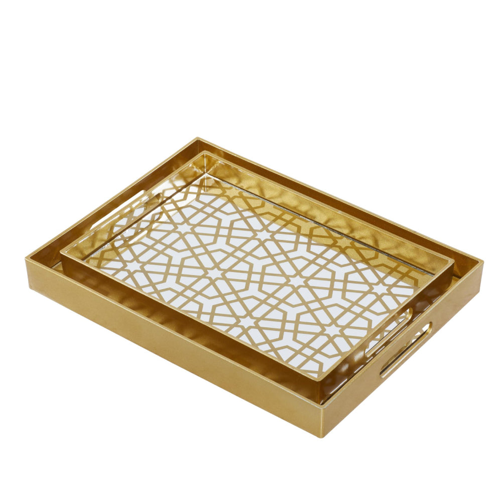 Decor Mache Mirrored Geometric (2 Pieces) Tray Set - Gold