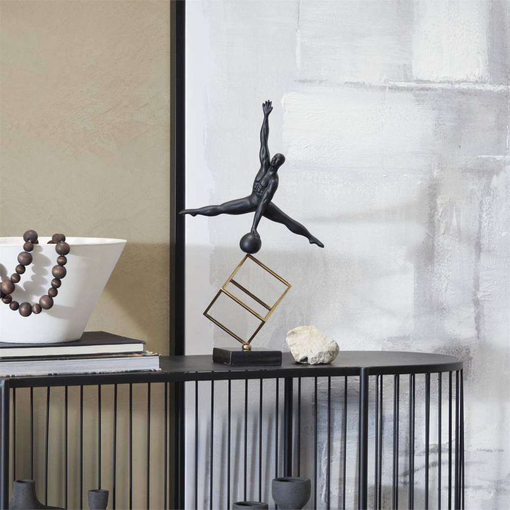 Decor Mache Gymnast Decorative Sculpture with Gold Cube Base - Black