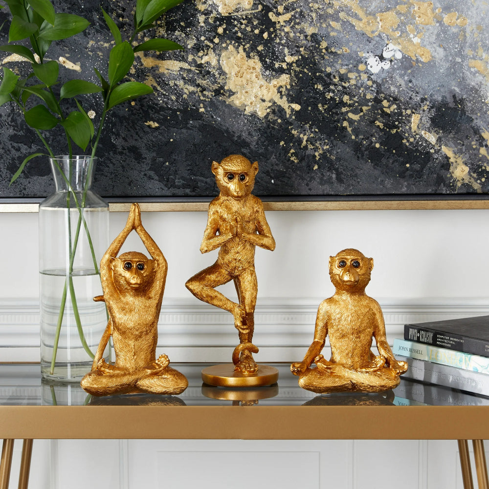 Decor Mache Yoga Monkey Sculpture (3 Piece) - Gold