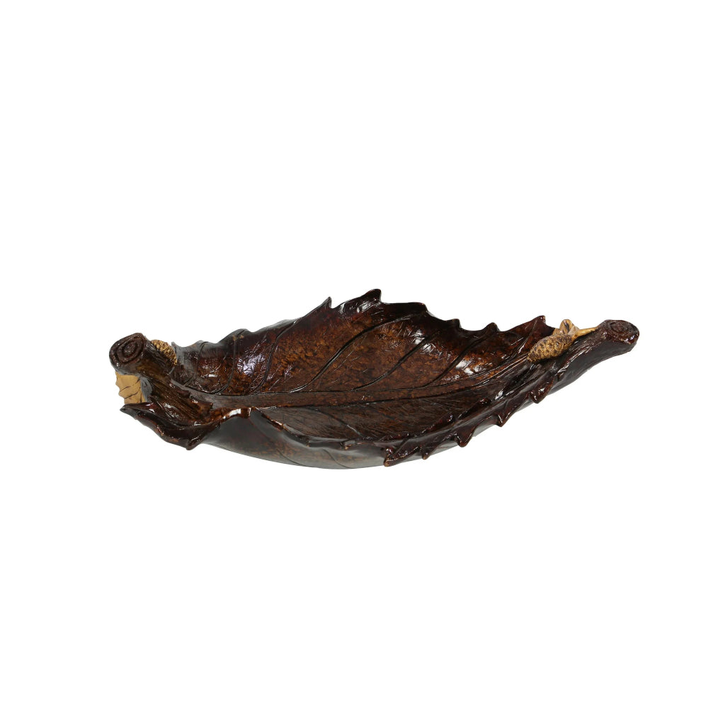 Decor Mache 12" Oval Intricate Carved Leaf Decorative Bowl - Brown