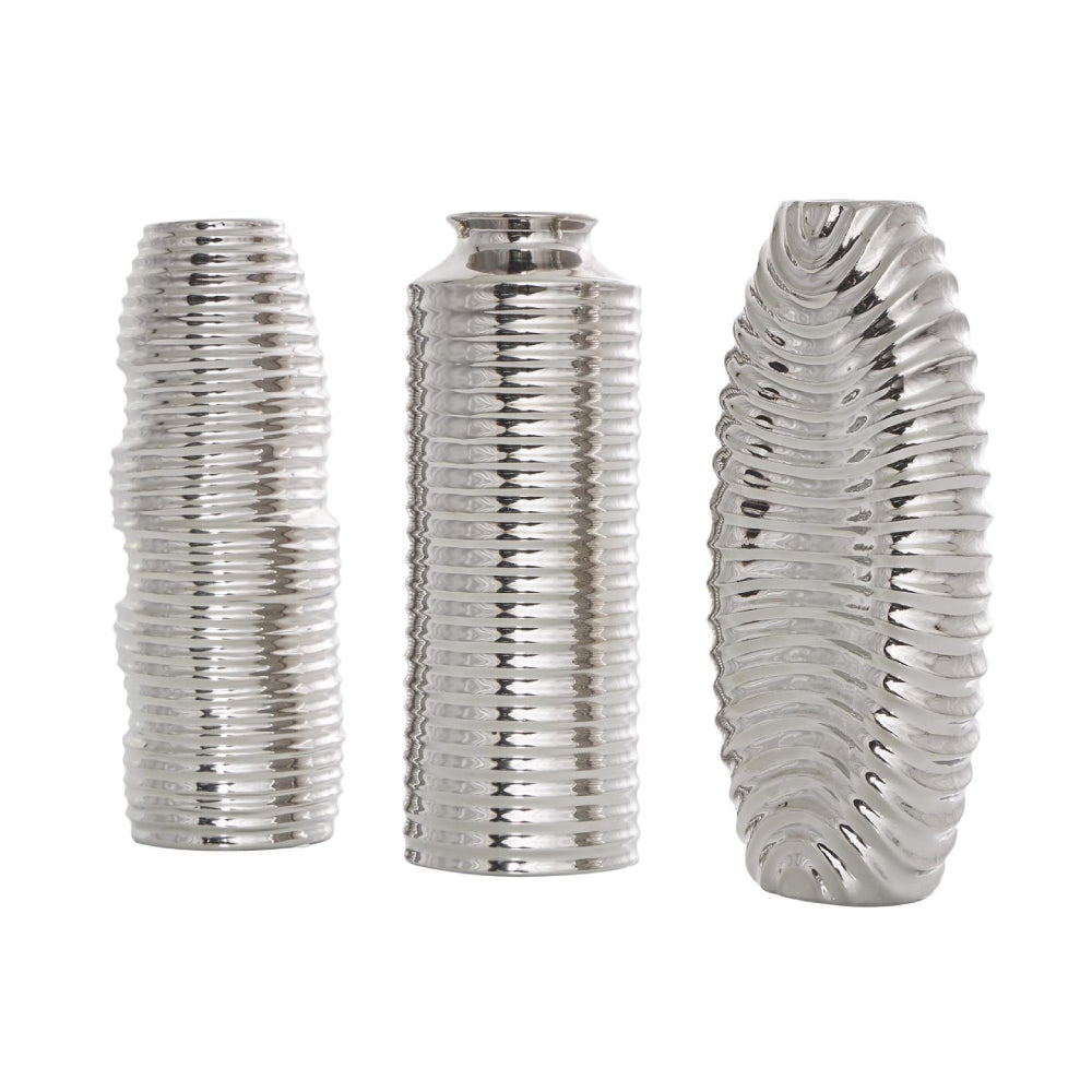 Decor Mache Ribbed Decorative Vase (Set of 3) - Silver