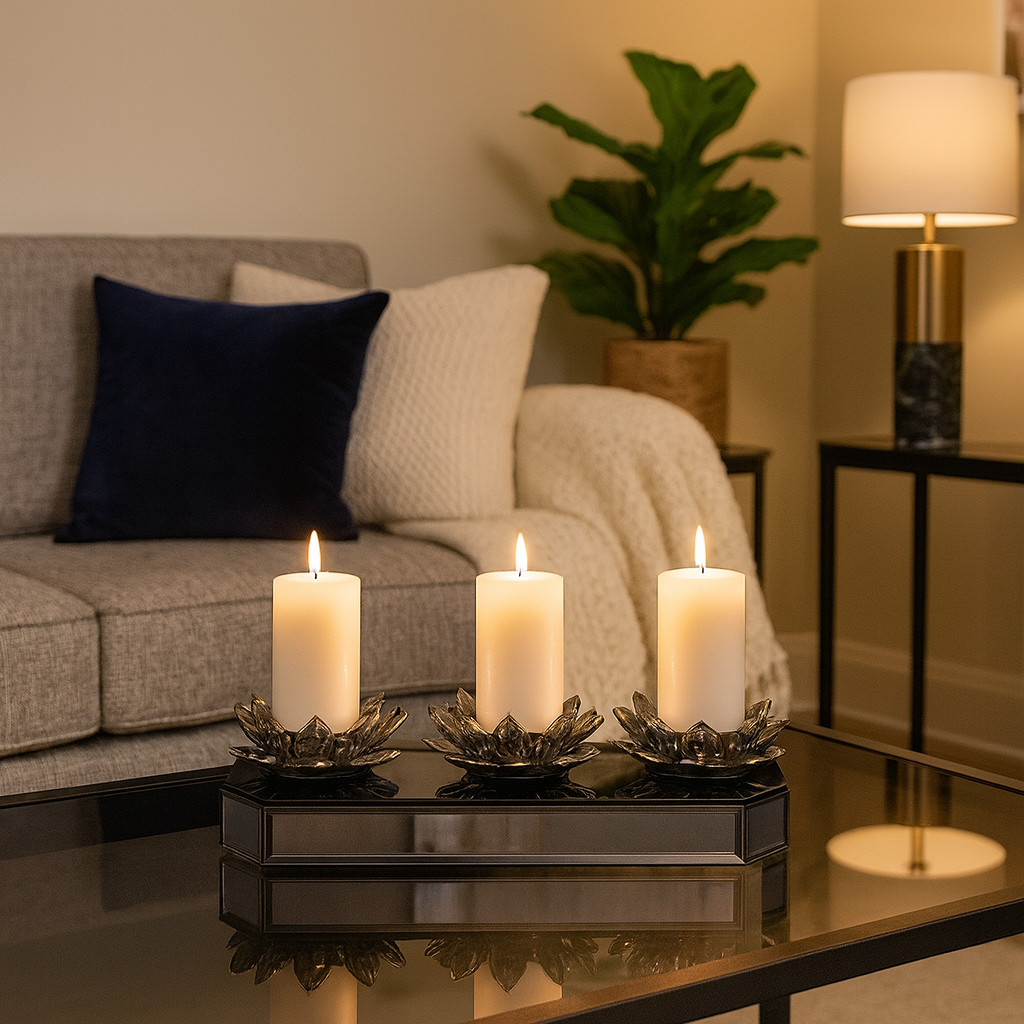 Sagebrook Home 13" Glass 3-Lotus Mirrored Candle Holder - Black