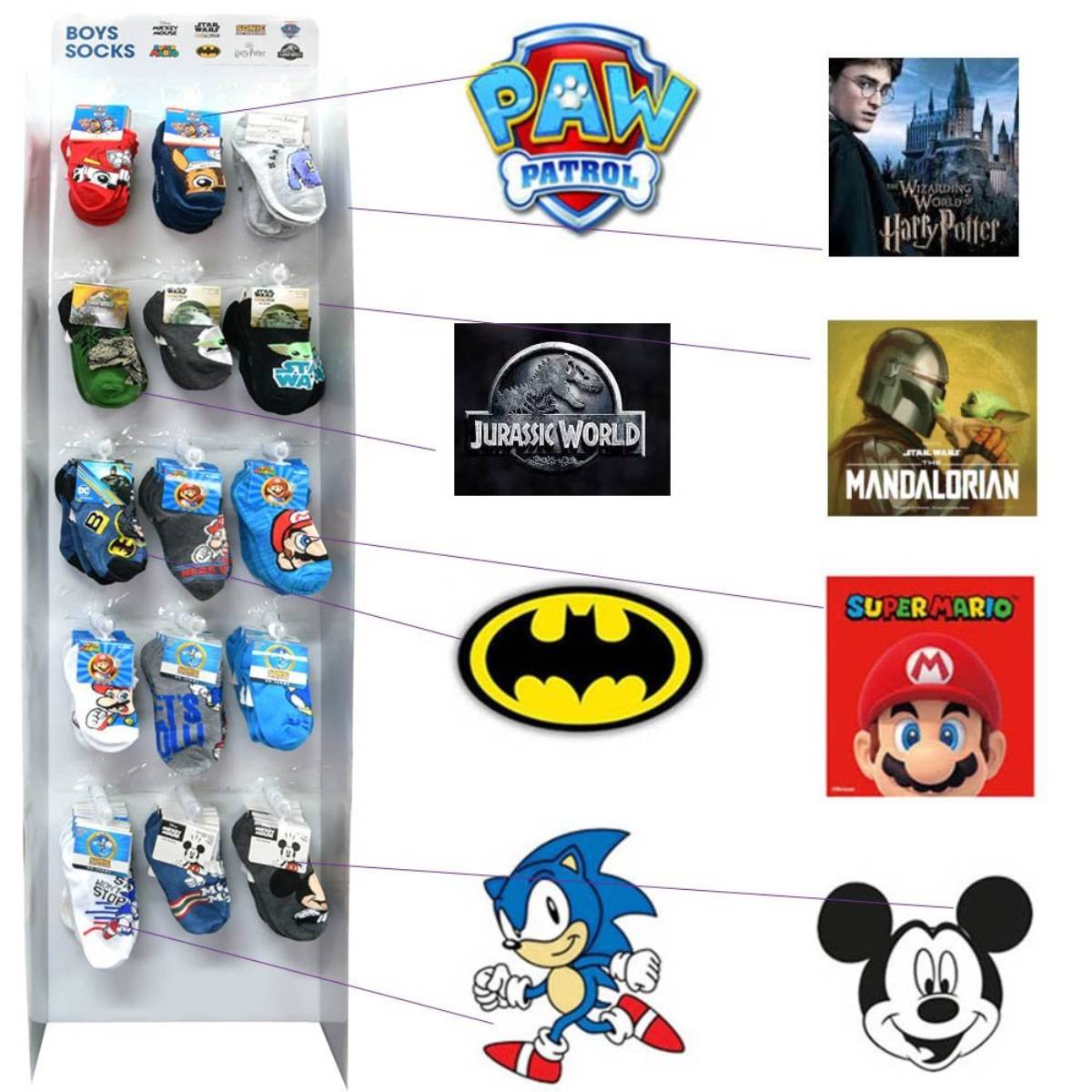 Assortment Licensed Character Boy's Sock with Printed Header - Assorted