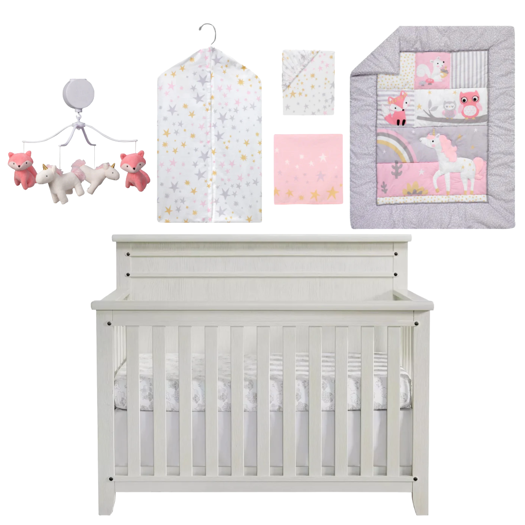 Bundle: Soho Baby Ellison Rustic White 4-in-1 Convertible Crib + Bedtime Originals Rainbow Unicorn and Fox Musical Baby Crib Mobile + Bedding Set + Diaper Stacker